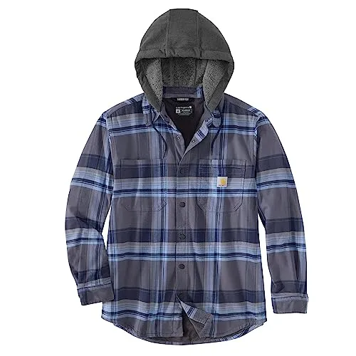 Carhartt 105938 Men's Rugged Flex Relaxed Fit Flannel Fleece Lined Hooded Shirt Jac, Navy