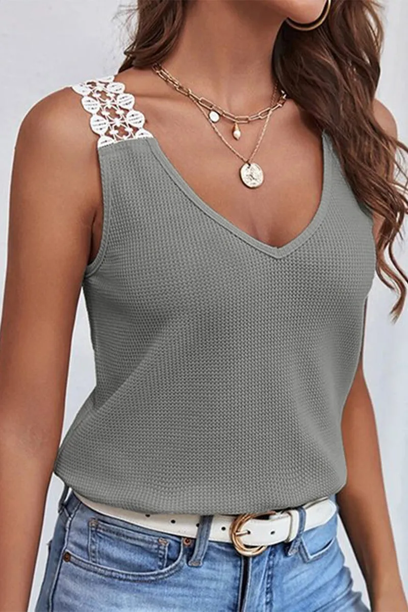 Casual Solid Lace Patchwork V Neck Tops(5 Colors)