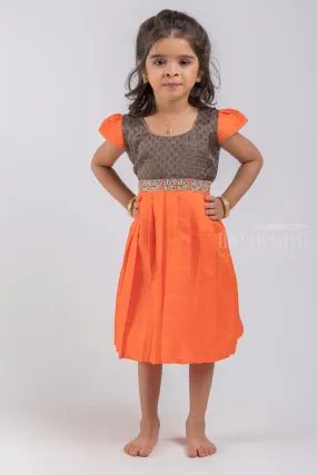 Checked Pattern Black Yoke and Knife Pleated Orange Silk Frock for Girls