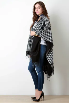 Checkered Open Front Fringe Hem Poncho