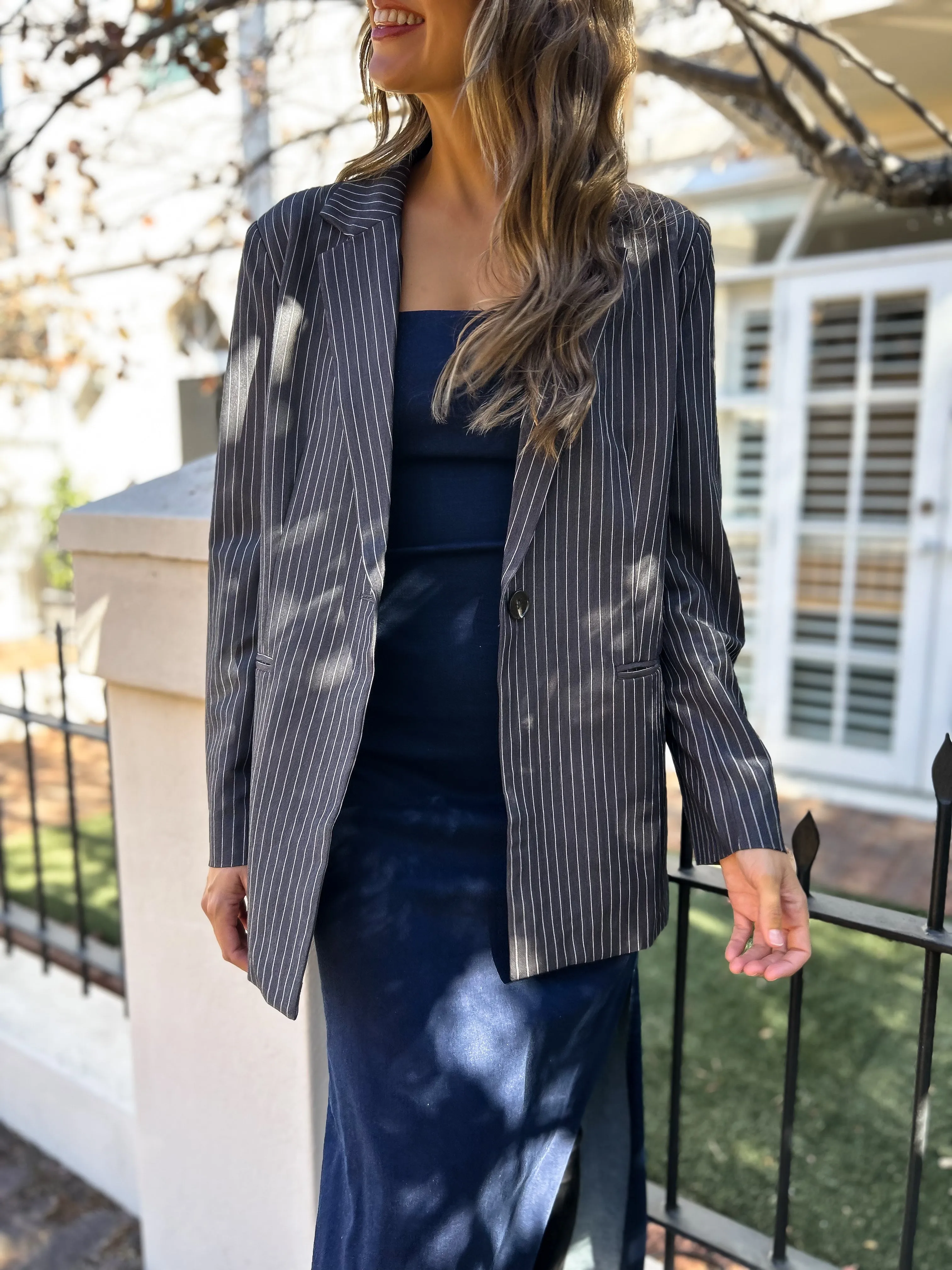 COPELY Pinstripe Boyfriend Blazer