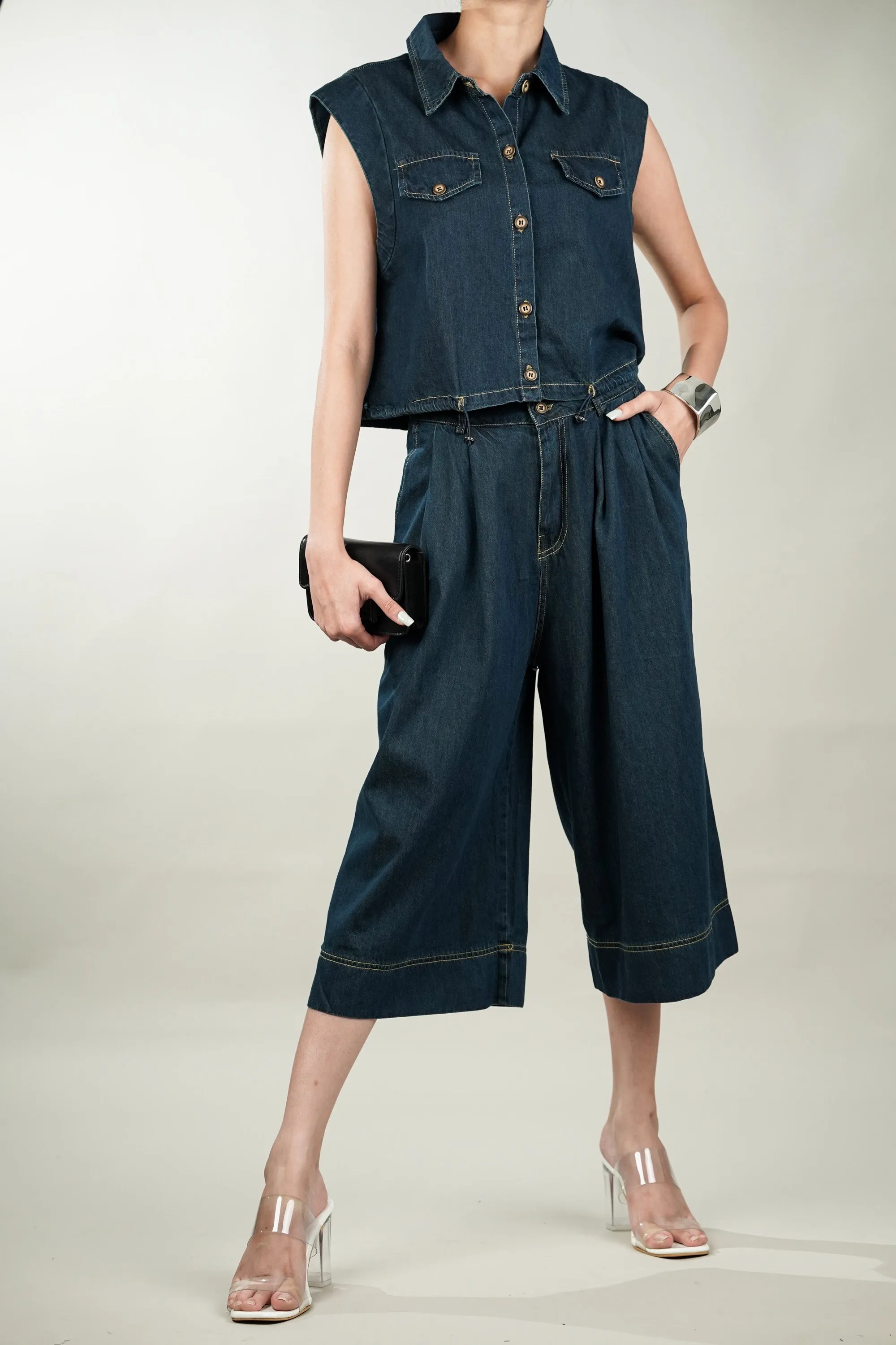 Cotton Denim Shirt And Pant Coord Set