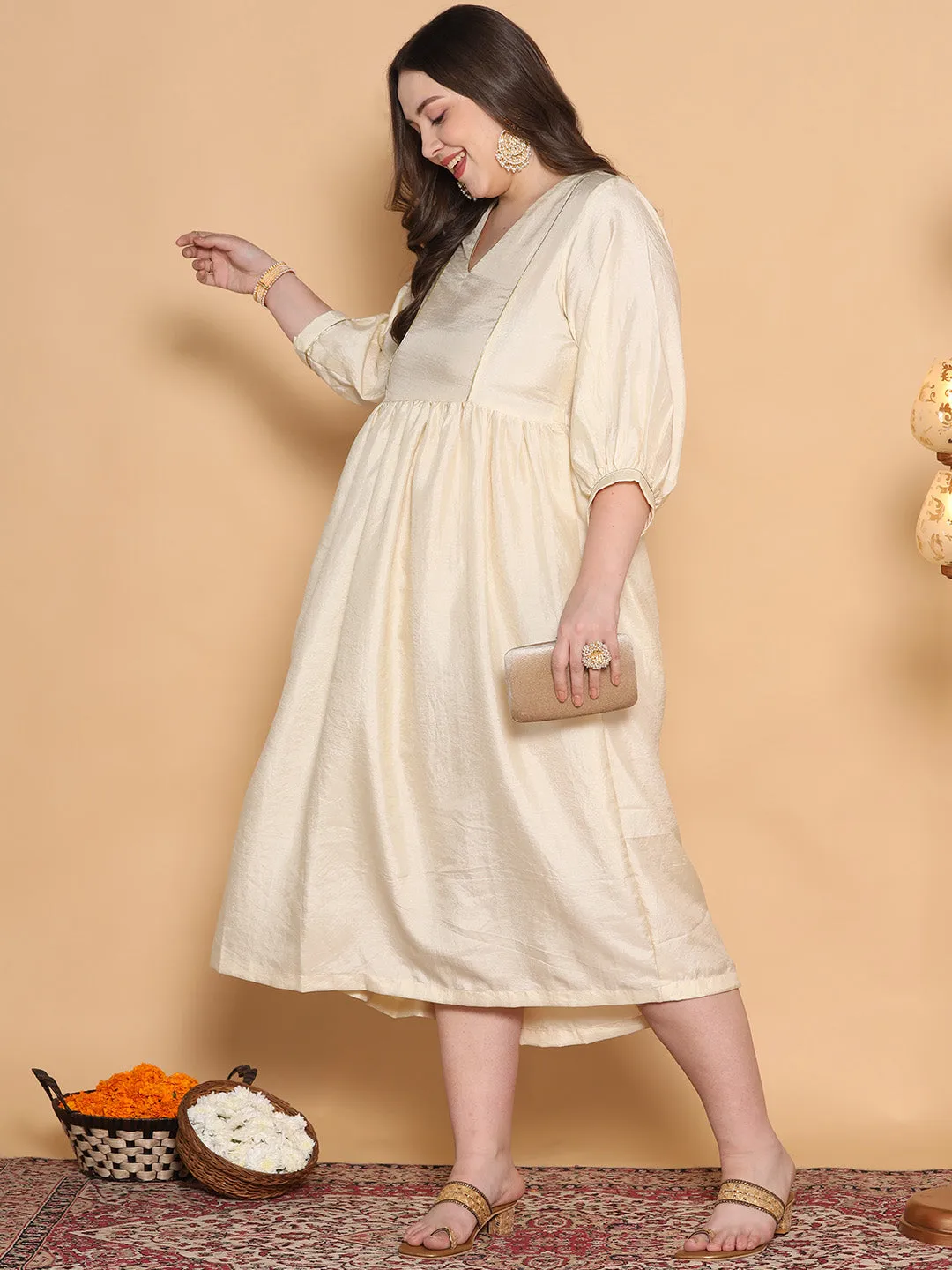 Cream Silk Gathered Dress