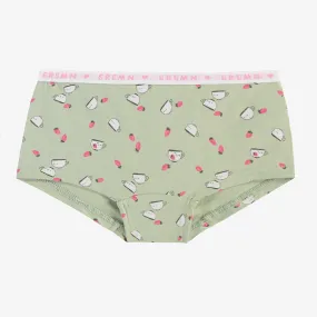 Culotte garçonne vert sauge avec motifs de fraises et tasses en jersey extensible, enfant  || Sage-green boycut panties with strawberry and cup all over print in stretch jersey, child