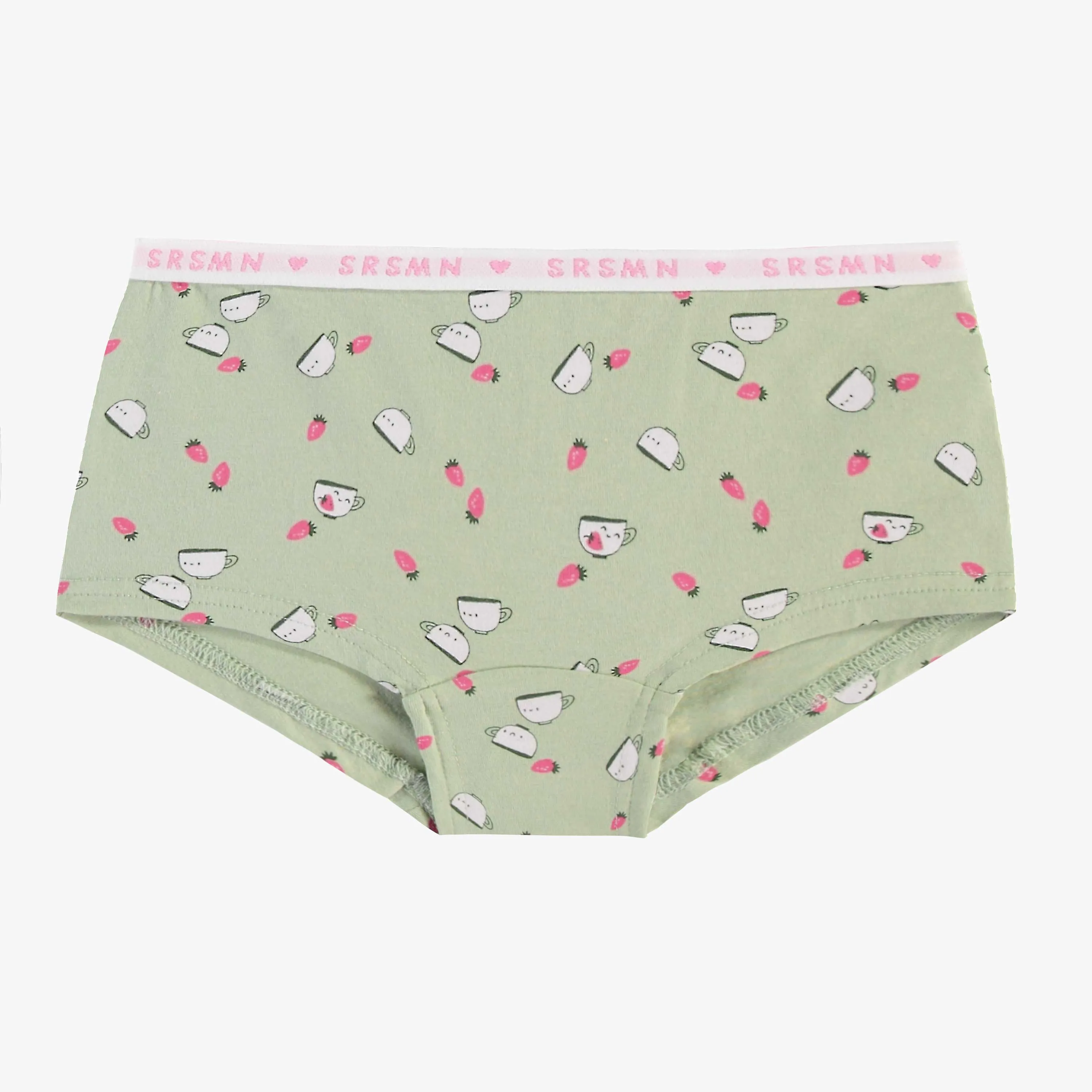 Culotte garçonne vert sauge avec motifs de fraises et tasses en jersey extensible, enfant  || Sage-green boycut panties with strawberry and cup all over print in stretch jersey, child