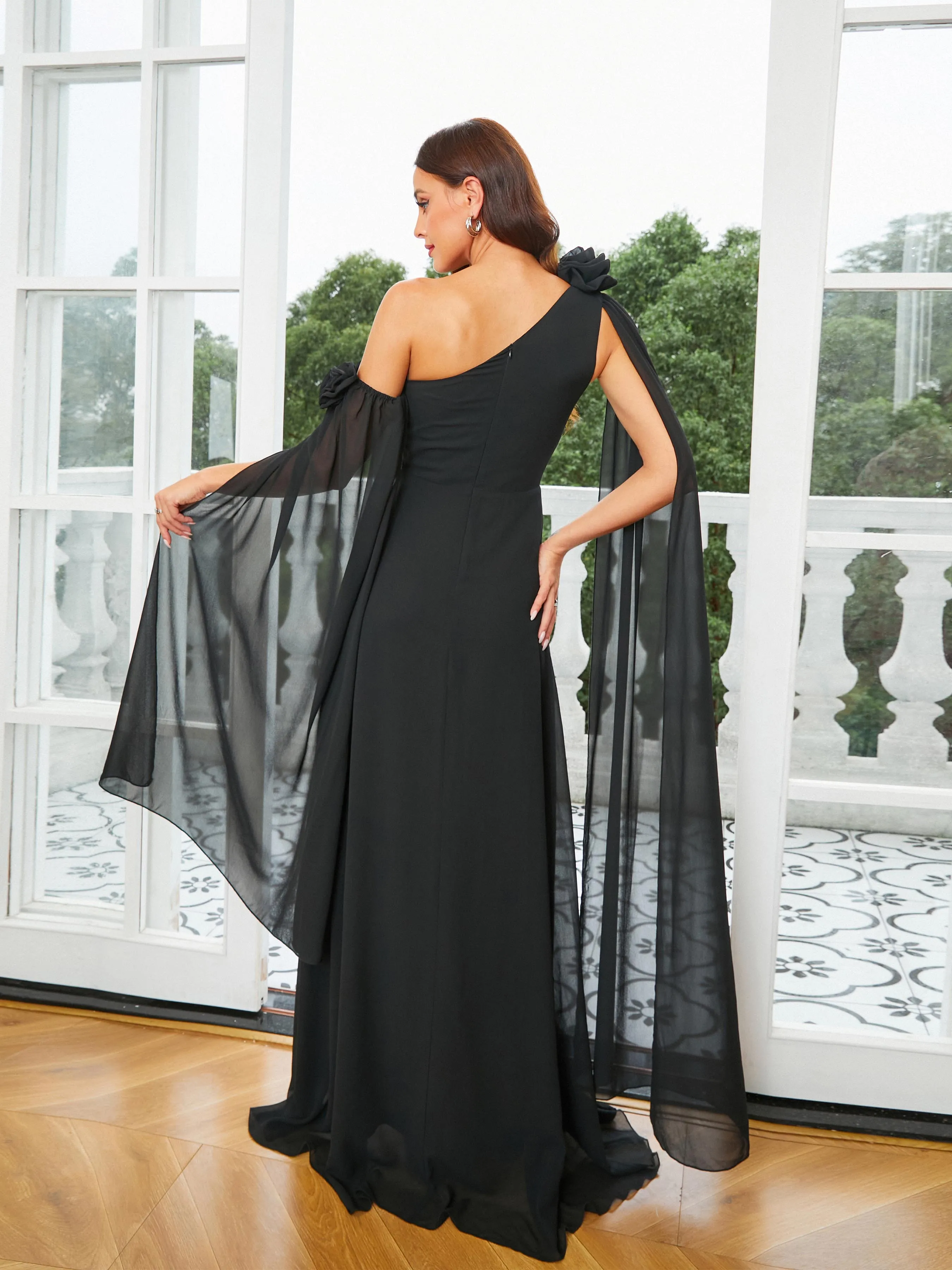 Cutout Cape Sleeve Black Prom Dress RM20990