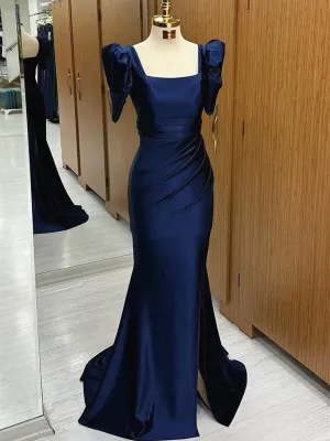 Dark Blue Blue Long Mermaid Prom Dress with Slit, Dark Blue Party Dress