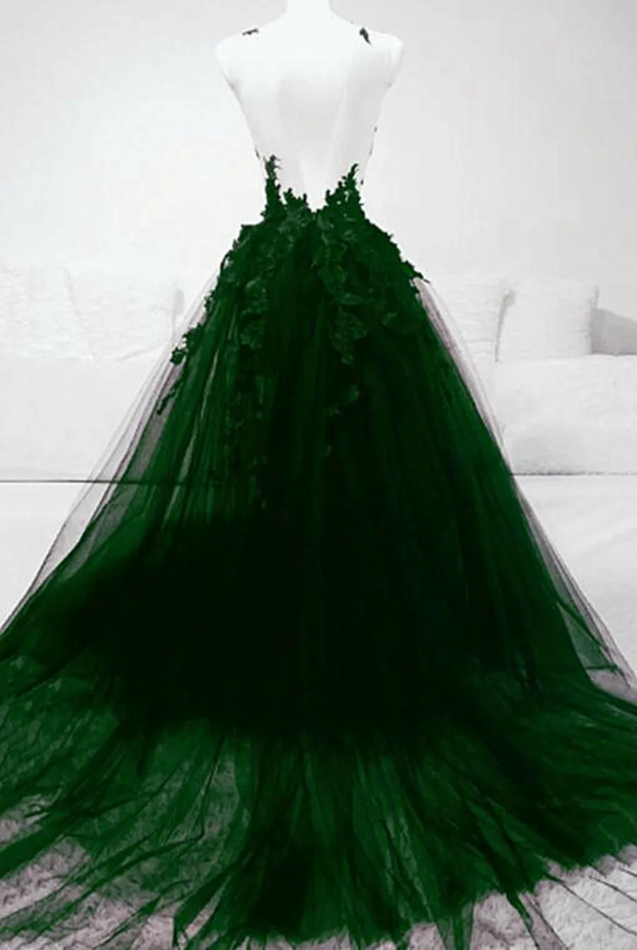 Dark Green Tulle with Lace Deep Neckline Backless Prom Dress, Dark Green Party Dress