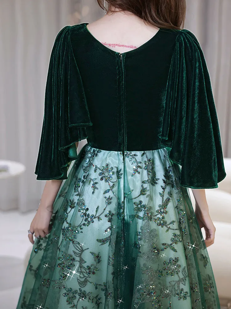 Dark Green Velvet with Tulle Long Party Dress, Dark Green A-line Formal Dress Prom Dress