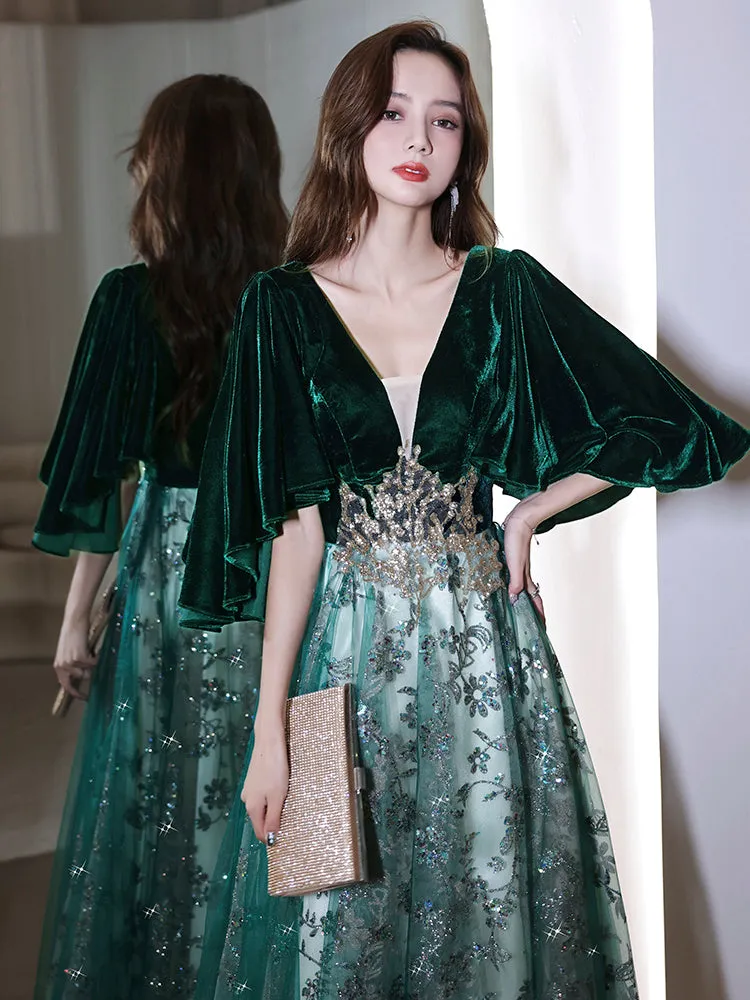 Dark Green Velvet with Tulle Long Party Dress, Dark Green A-line Formal Dress Prom Dress