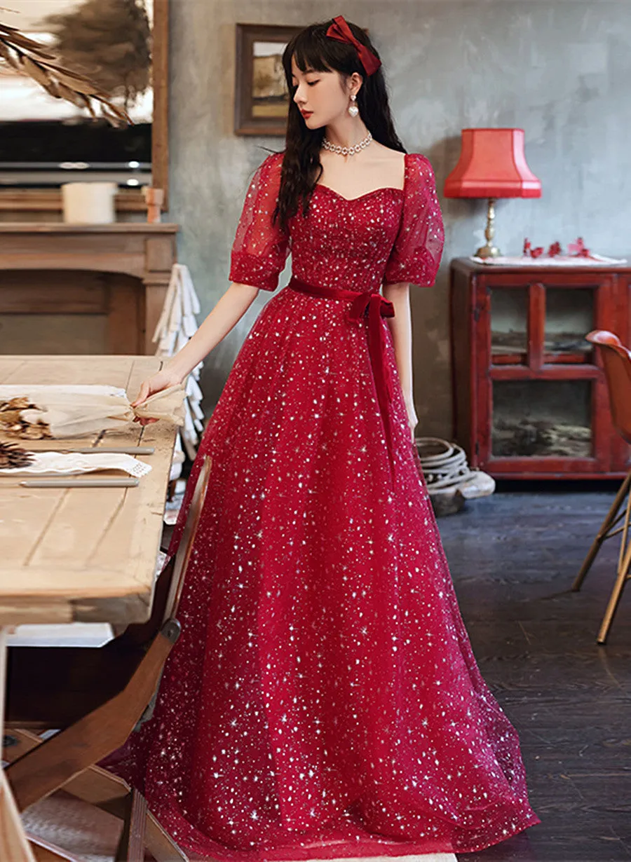 Dark Red Short Sleeves Sweetheart Tulle Prom Dress, A-line Dark Red Formal Dress