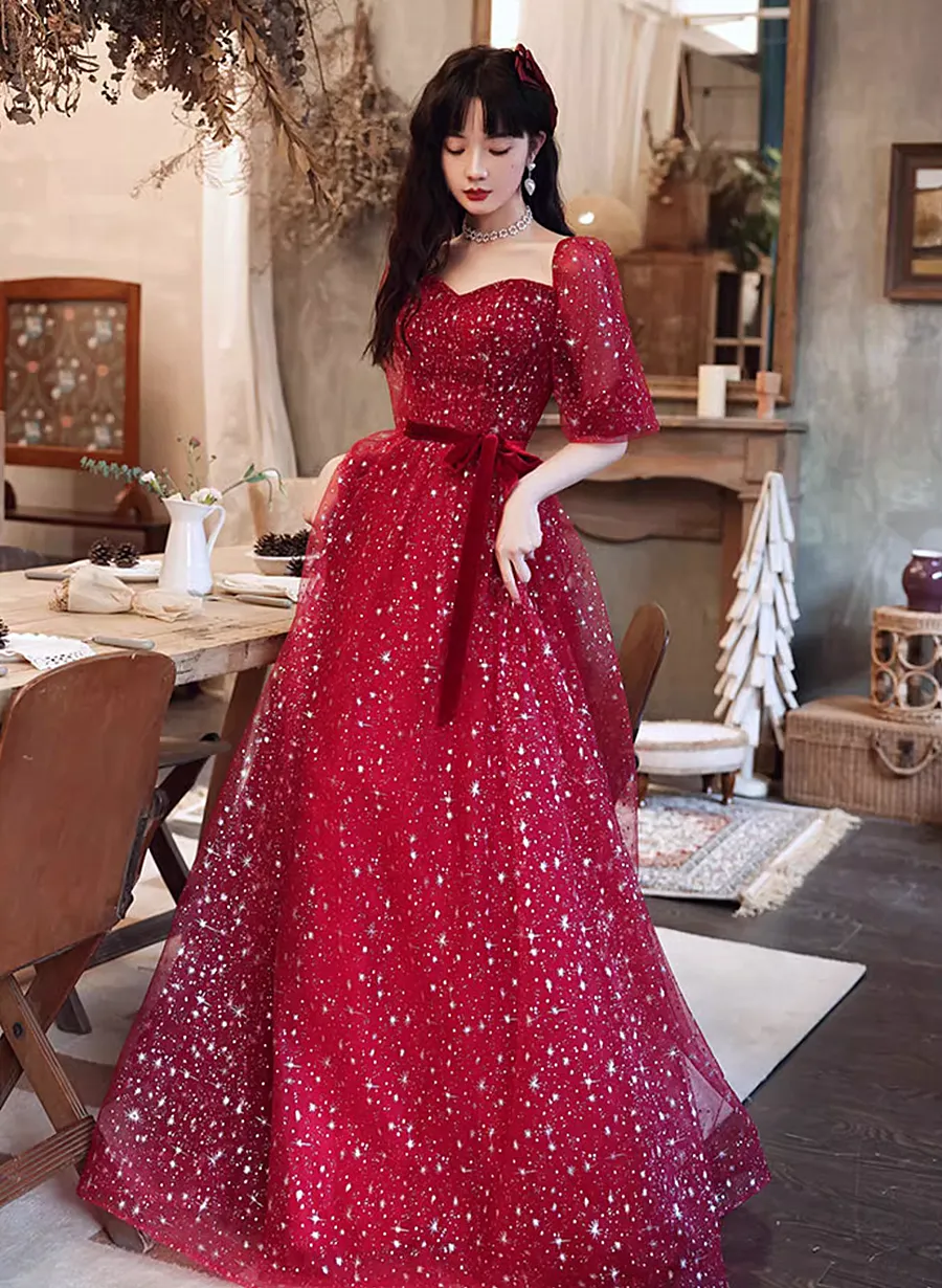 Dark Red Short Sleeves Sweetheart Tulle Prom Dress, A-line Dark Red Formal Dress