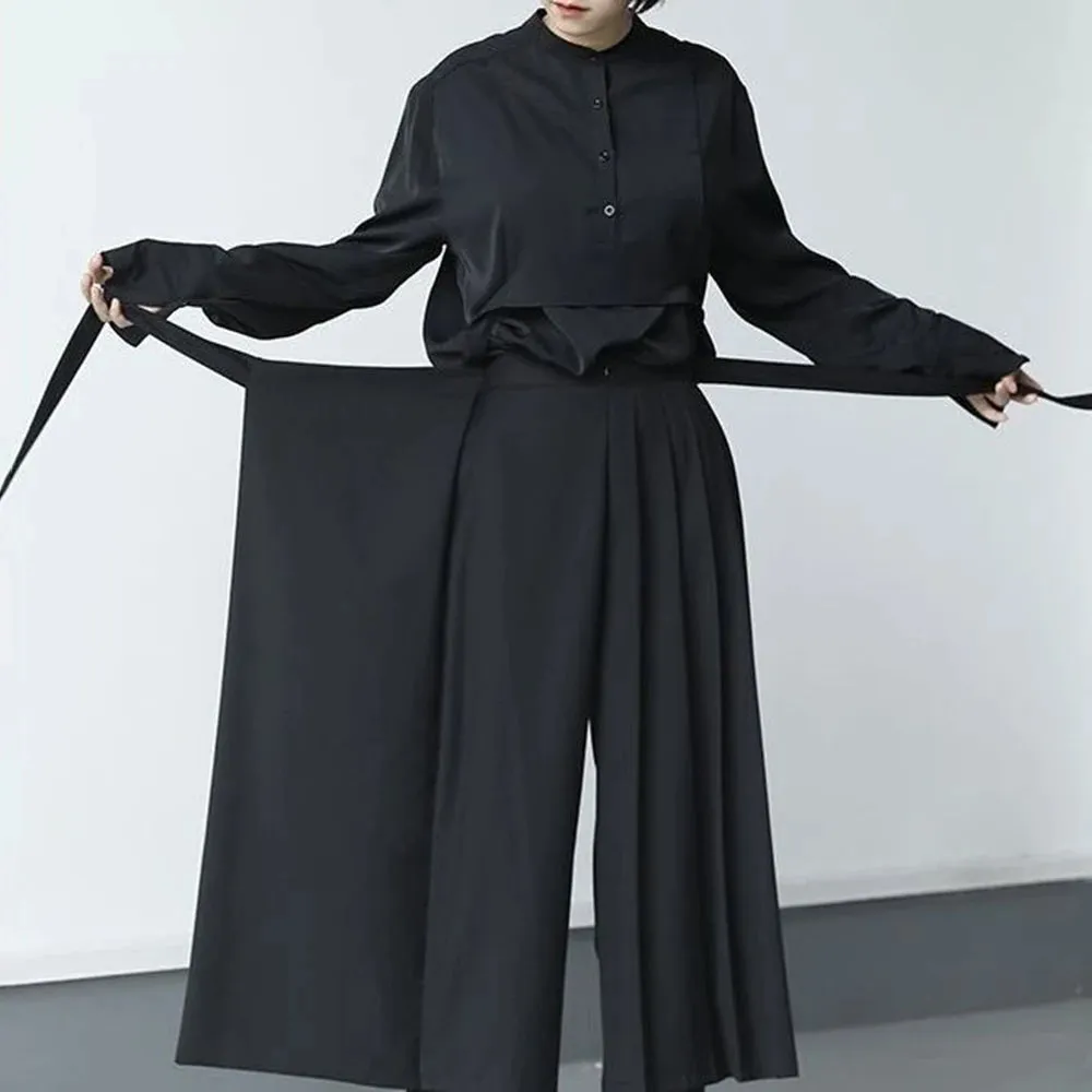 Darkness Versatile Slim Pleated Nine-Point Wide-Leg Pants Unisex Double-Layer High-Waisted Loose Tight-Waisted Straight Culottes