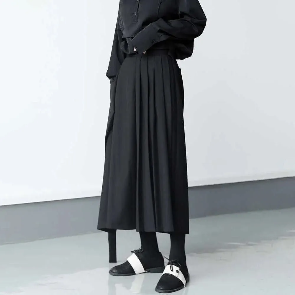 Darkness Versatile Slim Pleated Nine-Point Wide-Leg Pants Unisex Double-Layer High-Waisted Loose Tight-Waisted Straight Culottes