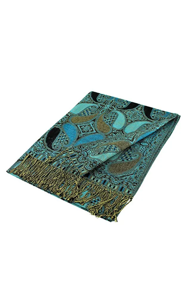 DBA18-5 Black Blue Paisley Print Pashmina Scarf