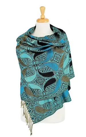 DBA18-5 Black Blue Paisley Print Pashmina Scarf