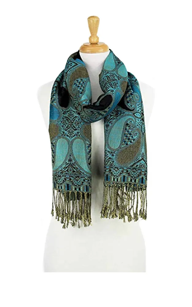 DBA18-5 Black Blue Paisley Print Pashmina Scarf