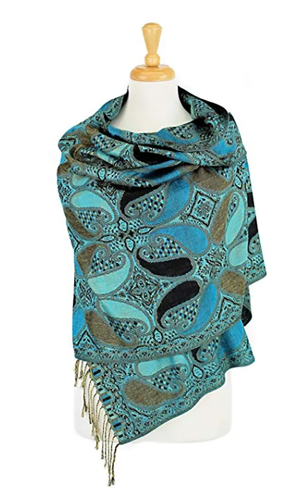 DBA18-5 Black Blue Paisley Print Pashmina Scarf