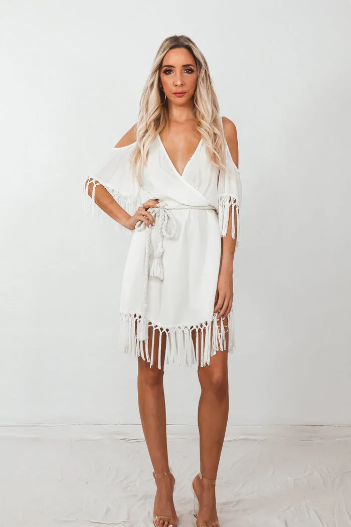 Deep-V Wrap Fringe Mini Dress