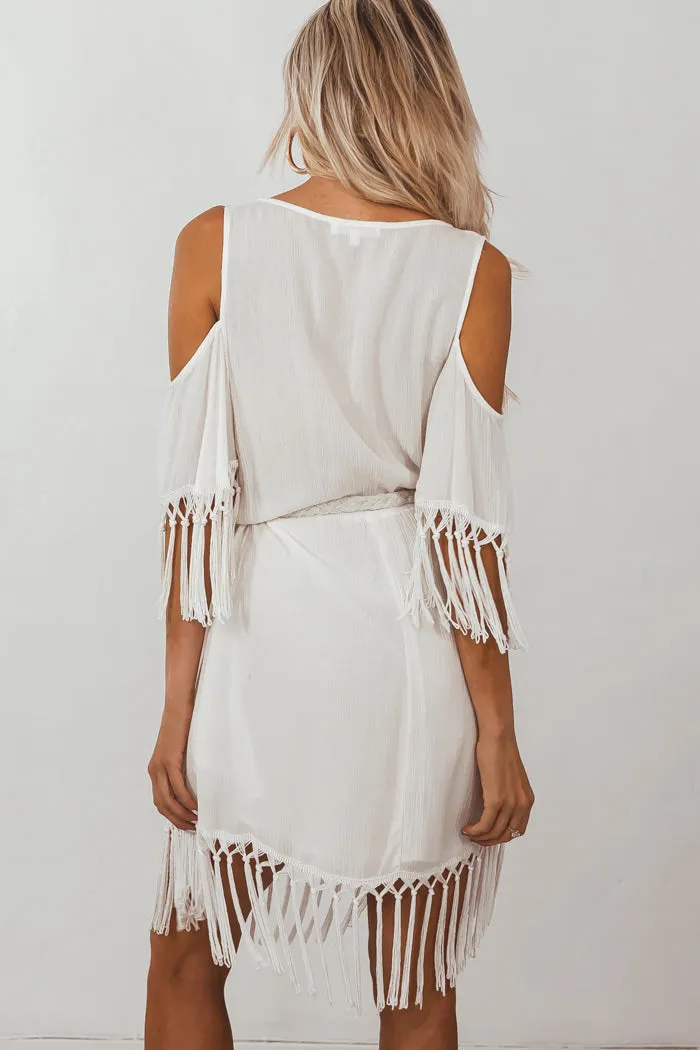 Deep-V Wrap Fringe Mini Dress