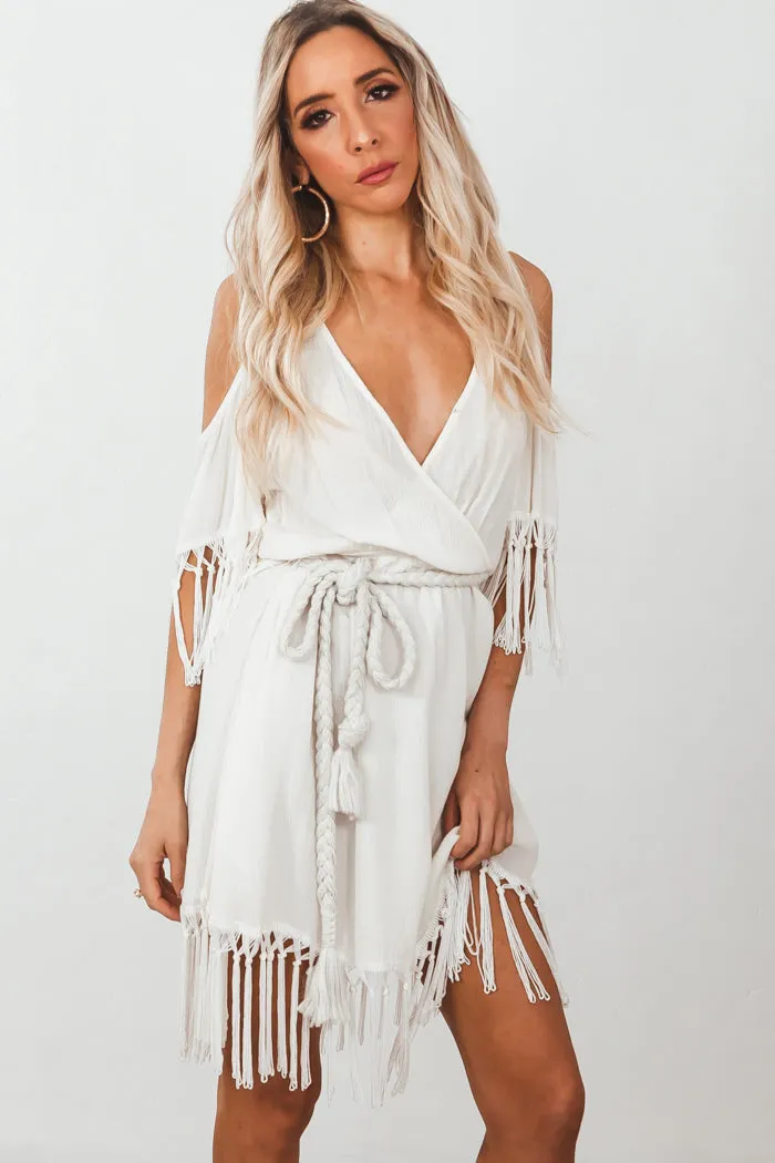 Deep-V Wrap Fringe Mini Dress