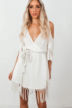 Deep-V Wrap Fringe Mini Dress