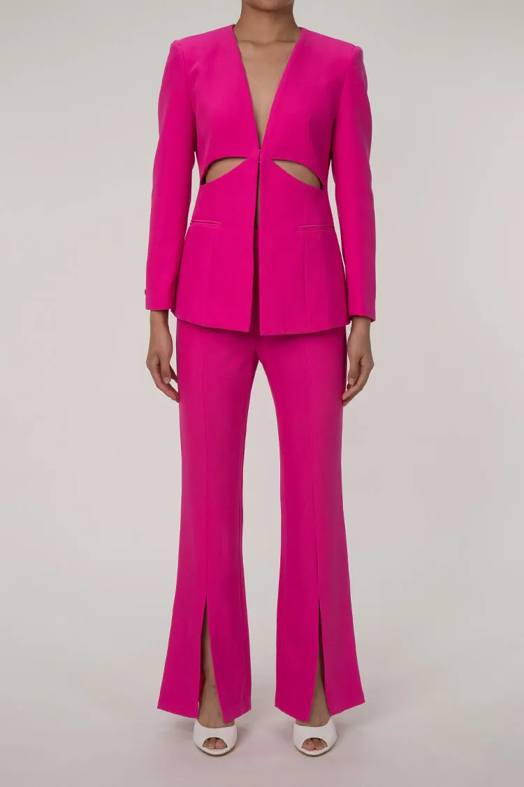 Edge Collarless Cutout Cinch Waist Blazer Two Piece Split Flare Pant Suit