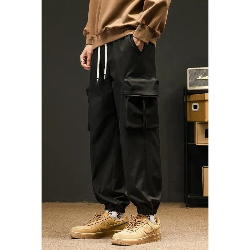 Elasticity Tapered Street Style Bellows Pocket Loose Fit Cargo Pants