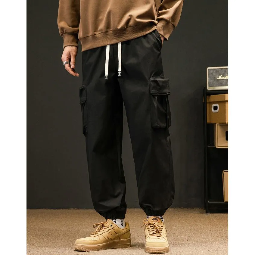 Elasticity Tapered Street Style Bellows Pocket Loose Fit Cargo Pants