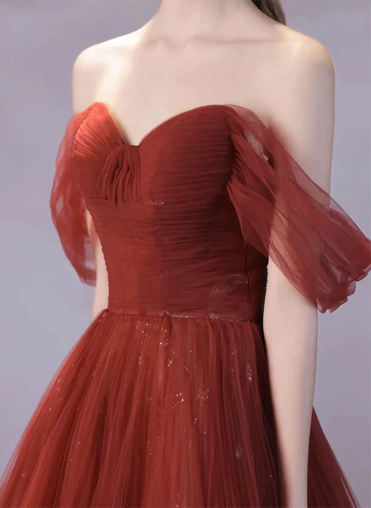 Elegant Wine Red A-line Tulle Off Shoulder Party Dress, Long Dark Red Evening Dress