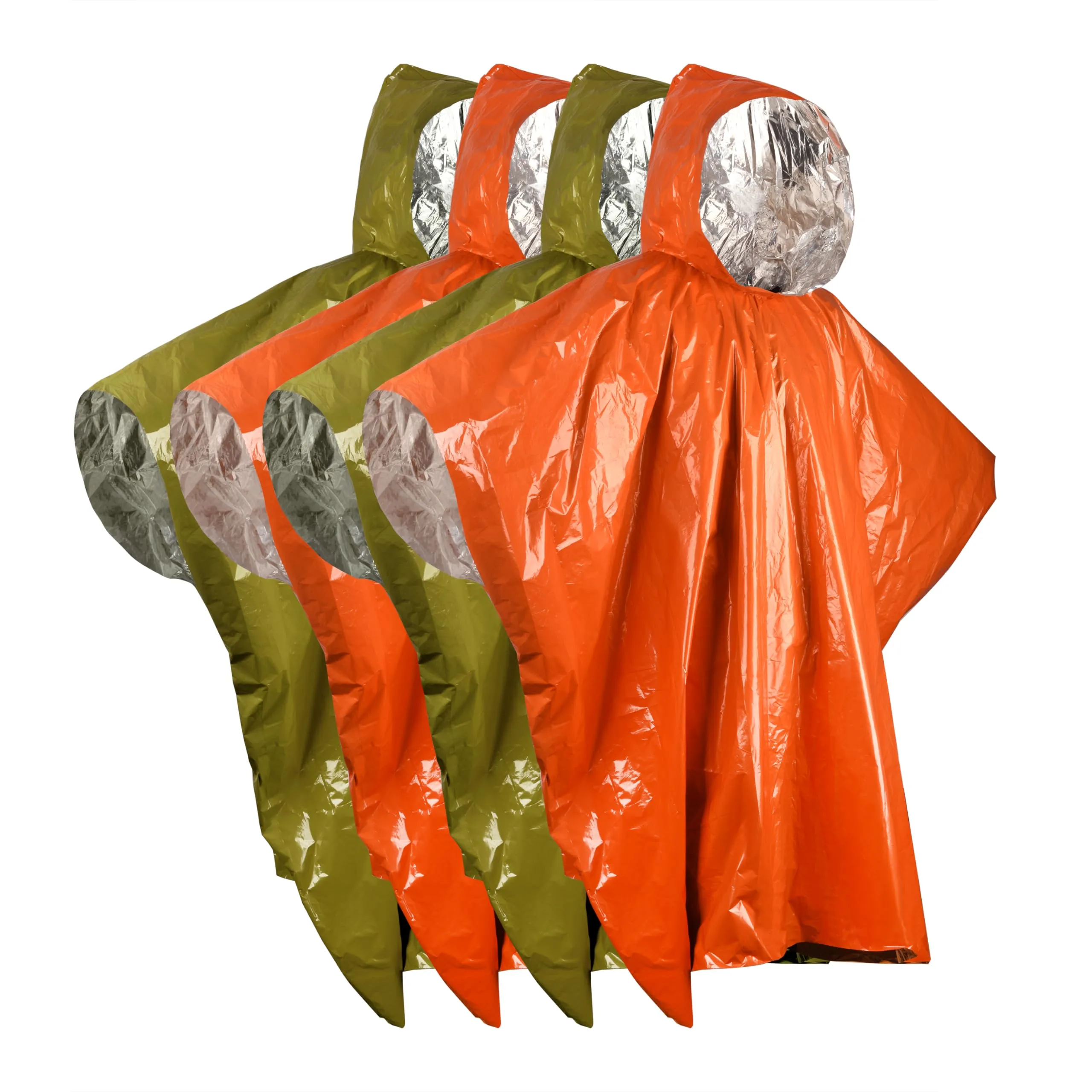 Emergency Survival Rain Poncho 4 pack Thermal Mylar Space Blanket Life Ponchos with Hood Waterproof for Adults Car Outdoor Activities Hiking Camping Gear Equipment and Supplies (Orange and Green)