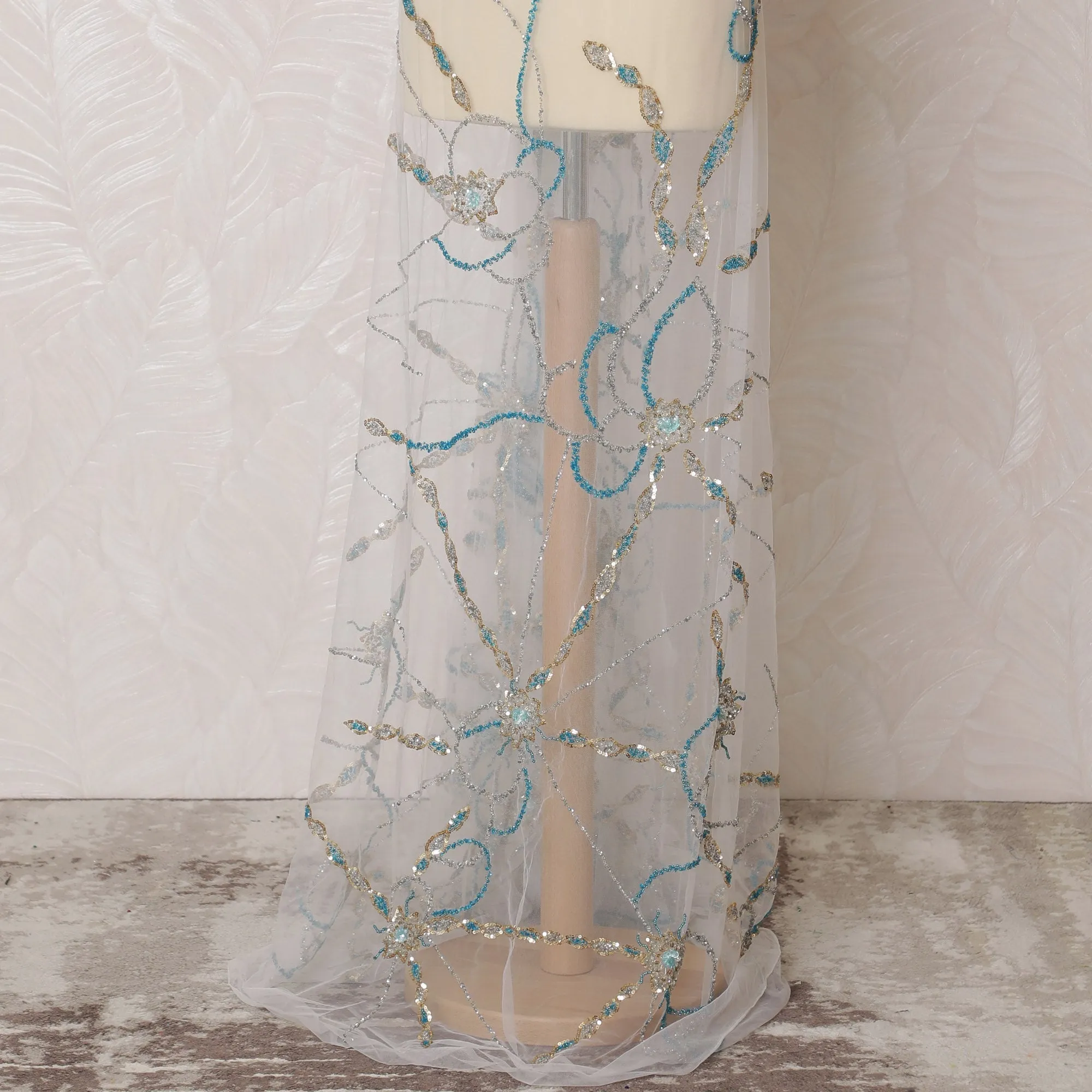 Ethereal Aqua and Silver Embroidered Nylon Tulle Fabric, 140 cm Wide â€“ Delicate Beaded Stream Design-D19243