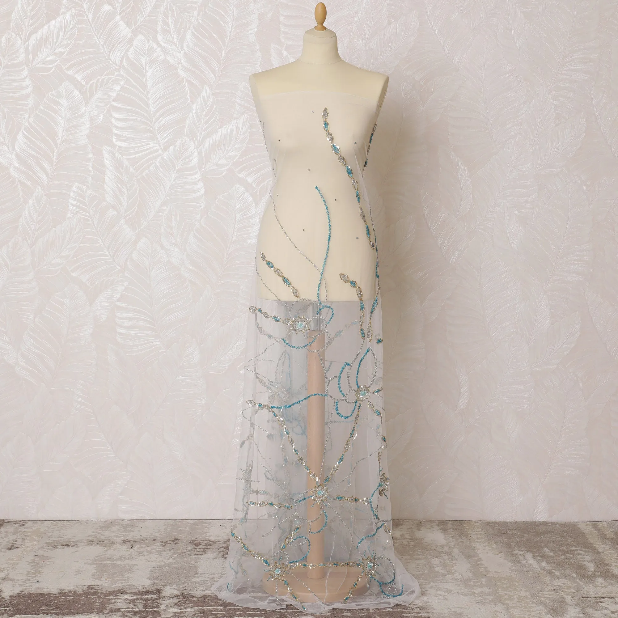 Ethereal Aqua and Silver Embroidered Nylon Tulle Fabric, 140 cm Wide â€“ Delicate Beaded Stream Design-D19243