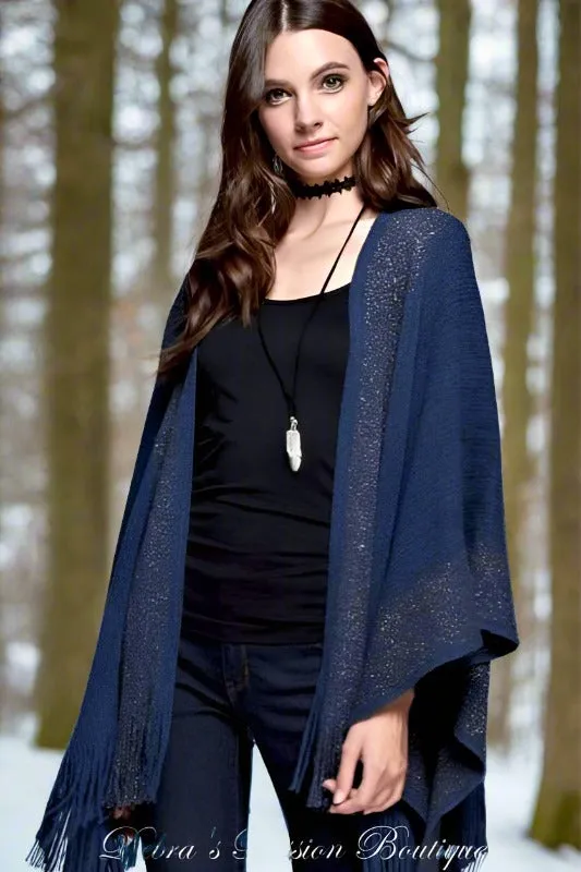 Gee Gee Knit Winter Border Fringe Kimono - Navy