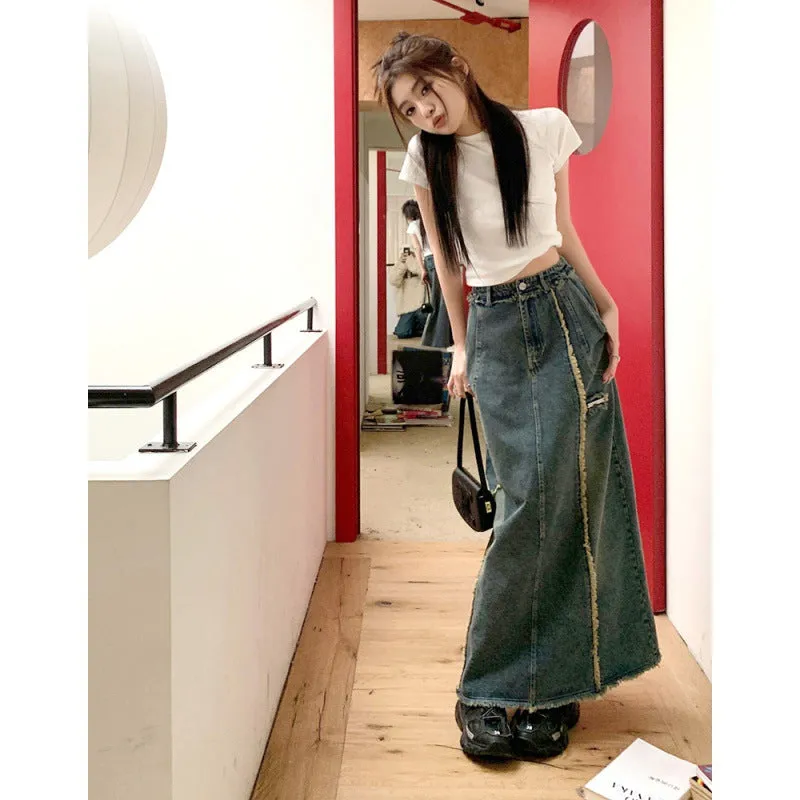 Girlary-shop y2k Women's Korean-Style Pleated Elastic Waist Denim Skirt 2024 Spring and Autumn Versatile Stitching Frayed Split A- line Dress