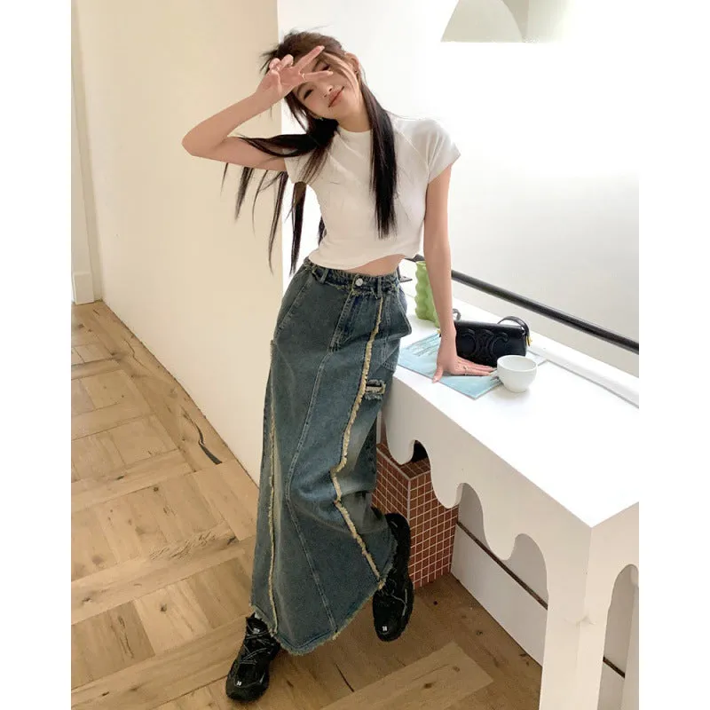 Girlary-shop y2k Women's Korean-Style Pleated Elastic Waist Denim Skirt 2024 Spring and Autumn Versatile Stitching Frayed Split A- line Dress