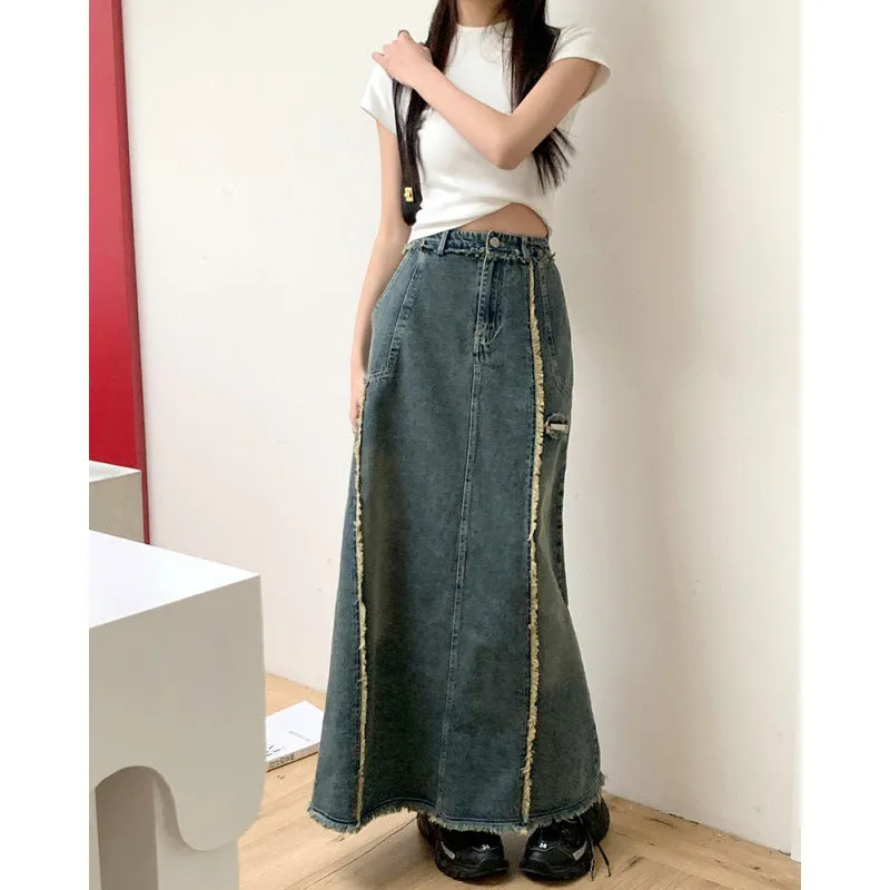 Girlary-shop y2k Women's Korean-Style Pleated Elastic Waist Denim Skirt 2024 Spring and Autumn Versatile Stitching Frayed Split A- line Dress