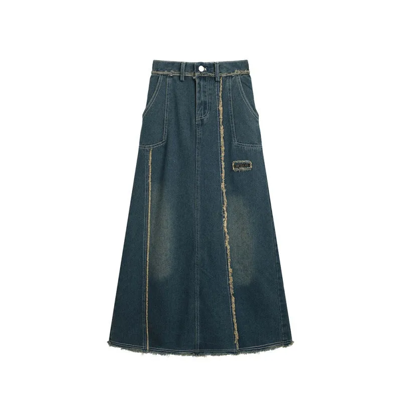 Girlary-shop y2k Women's Korean-Style Pleated Elastic Waist Denim Skirt 2024 Spring and Autumn Versatile Stitching Frayed Split A- line Dress