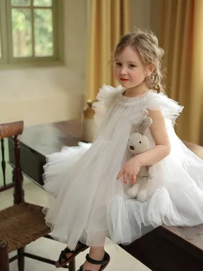 Girls Fitted White Tulle Princess Dress - Soft Slight Stretch Polyester, Contrast Mesh, Ruffle Sleeves, Casual Style for Everyday & Special Occasions, Perfect for Summer Wear