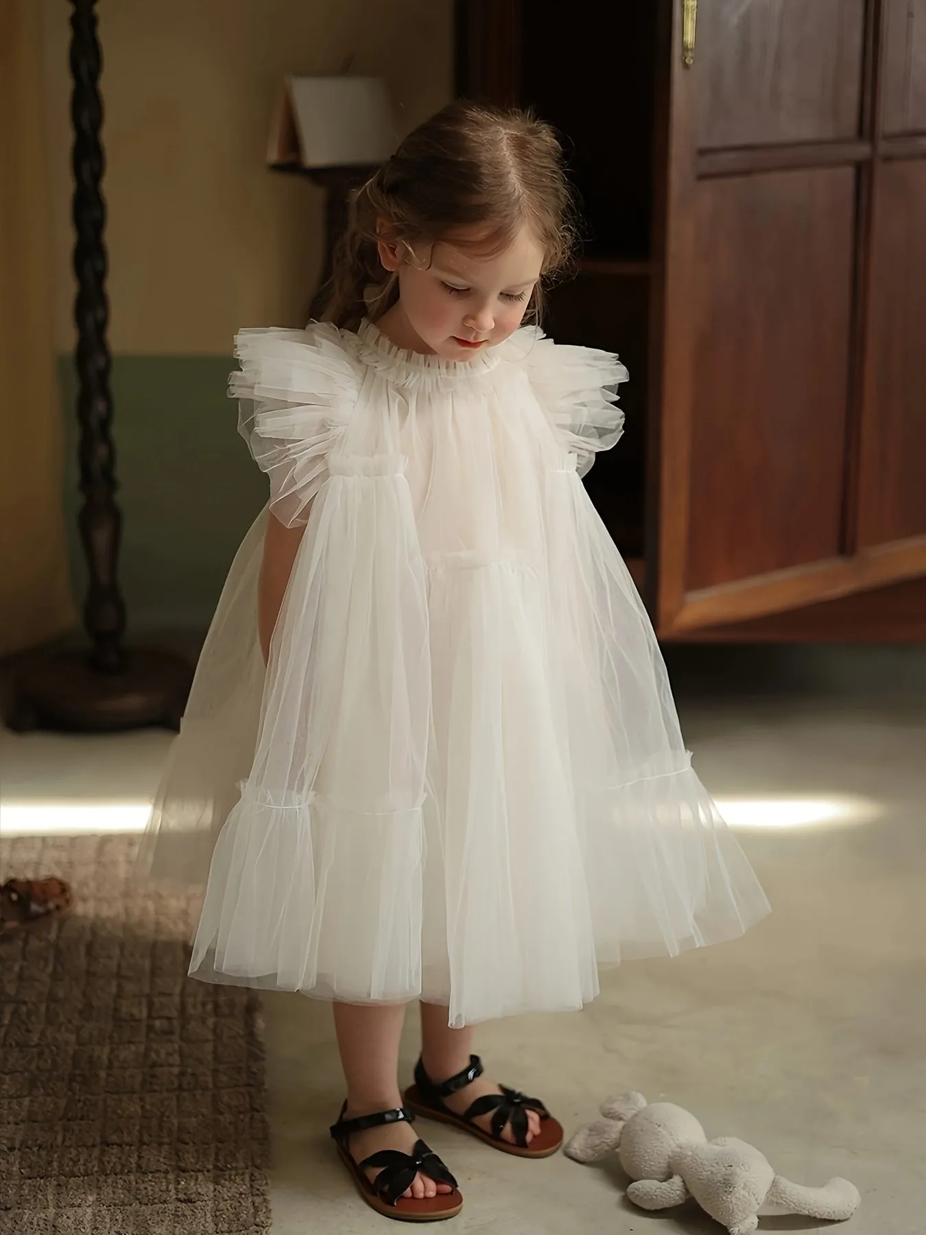 Girls Fitted White Tulle Princess Dress - Soft Slight Stretch Polyester, Contrast Mesh, Ruffle Sleeves, Casual Style for Everyday & Special Occasions, Perfect for Summer Wear