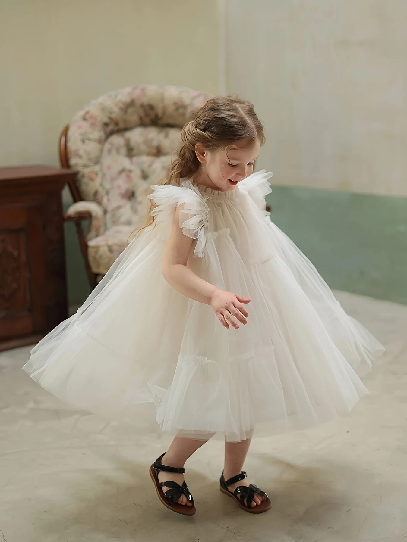 Girls Fitted White Tulle Princess Dress - Soft Slight Stretch Polyester, Contrast Mesh, Ruffle Sleeves, Casual Style for Everyday & Special Occasions, Perfect for Summer Wear