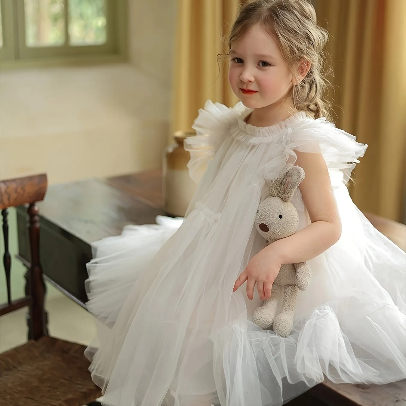 Girls Fitted White Tulle Princess Dress - Soft Slight Stretch Polyester, Contrast Mesh, Ruffle Sleeves, Casual Style for Everyday & Special Occasions, Perfect for Summer Wear