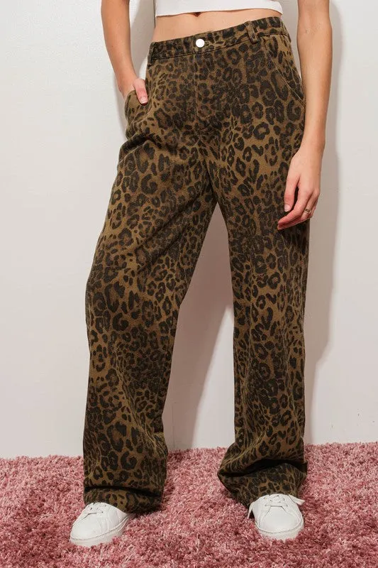 Giselle Mid Rise Leopard Print Denim Pants Brown