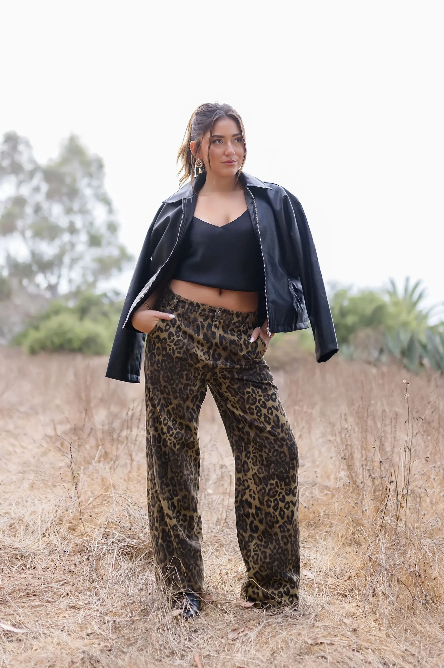 Giselle Mid Rise Leopard Print Denim Pants Brown