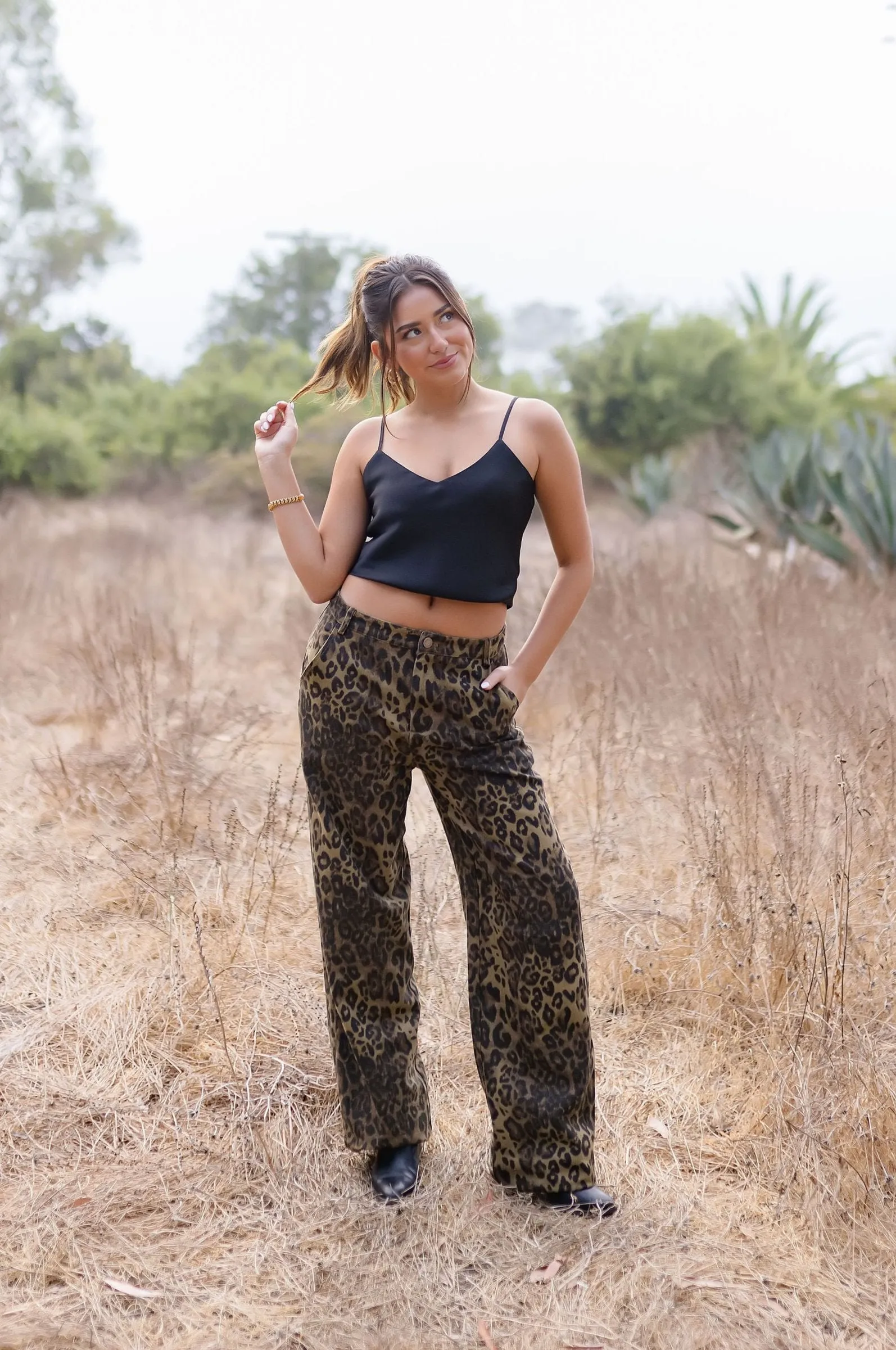 Giselle Mid Rise Leopard Print Denim Pants Brown