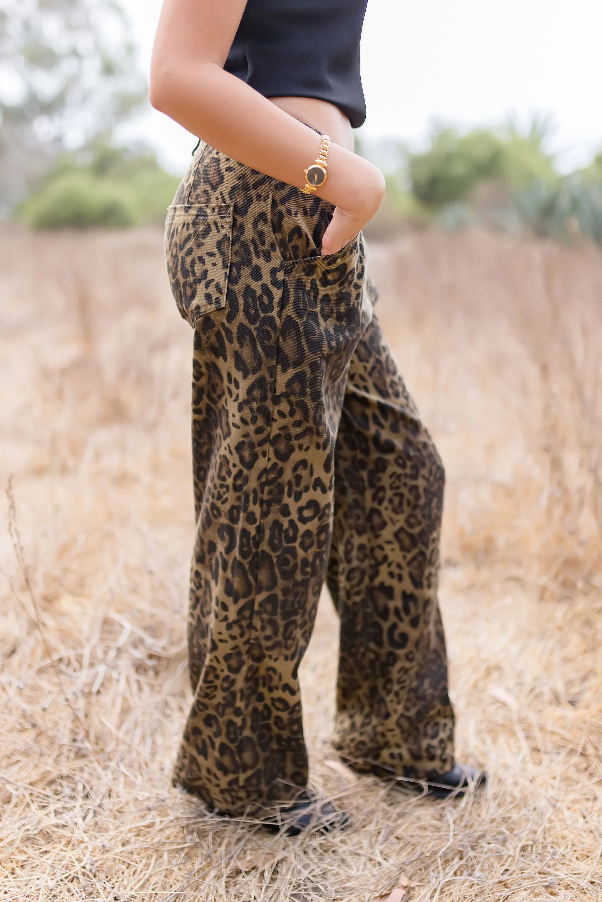 Giselle Mid Rise Leopard Print Denim Pants Brown