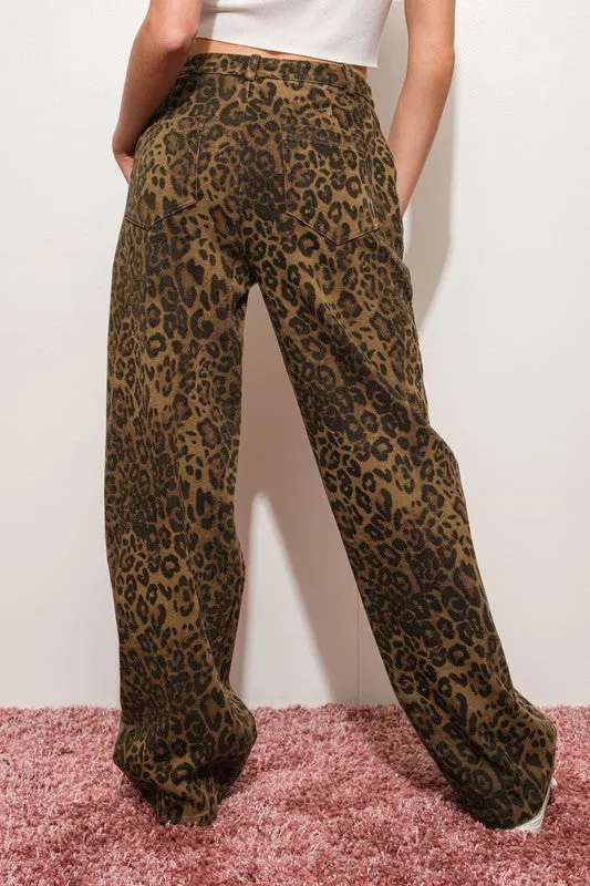 Giselle Mid Rise Leopard Print Denim Pants Brown