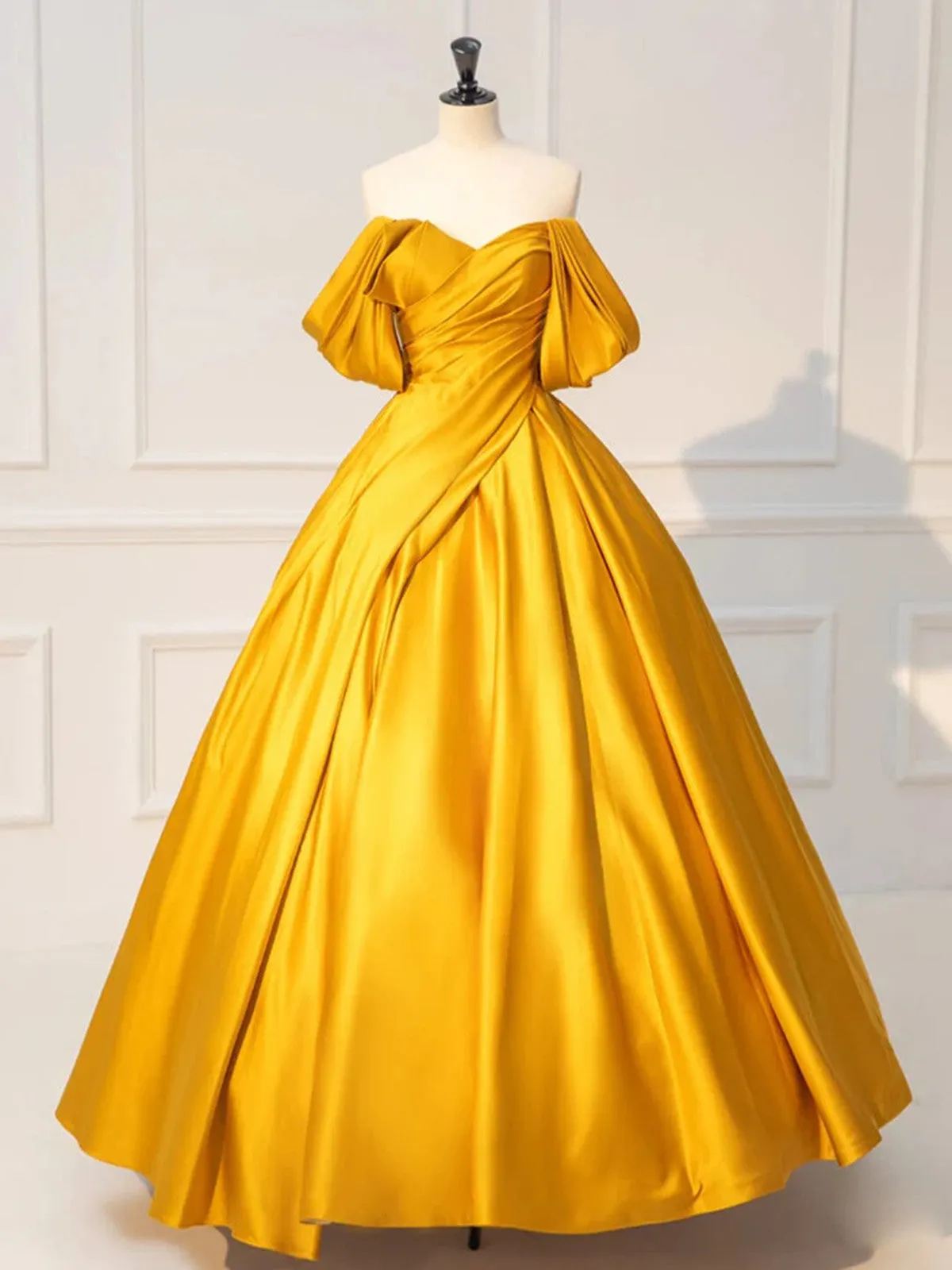 Glam Gold Satin Ball Gown Floor Length Formal Dress, Gold Prom Dress Party Dress