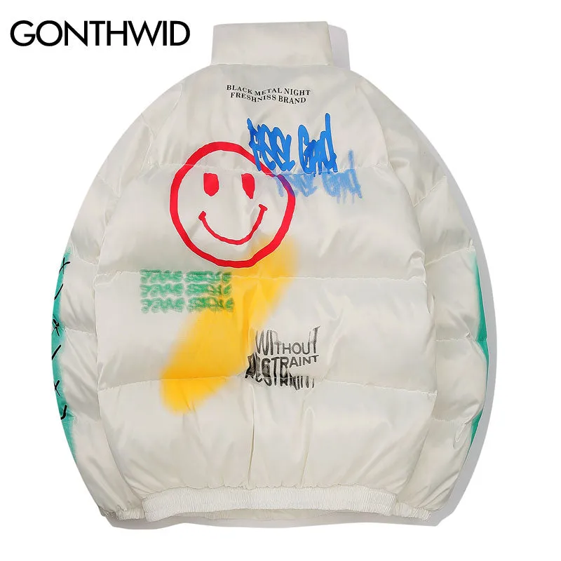 GONTHWID Graffiti Print Puffer Cotton Padded Parkas Streetwear Hip Hop Casual Thick Warm Jackets Coats Hipster Fashion Winter Co