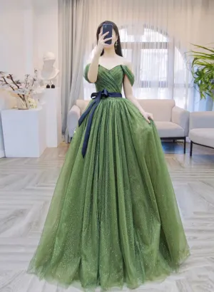 Green A-line Shiny Tulle Off Shoulder Party Dress, Green Tulle Prom Dress